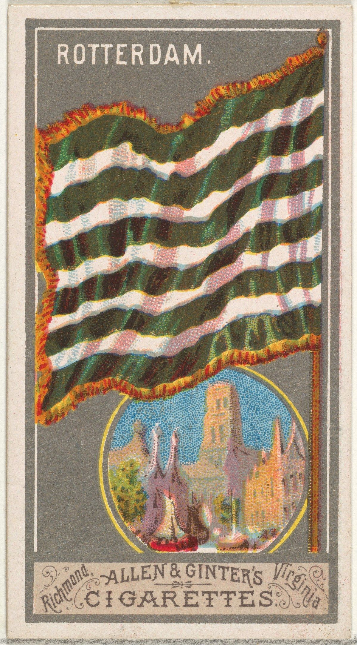 The image shows an old cigarette card with a picture of a flag on it. The flag is composed of a...