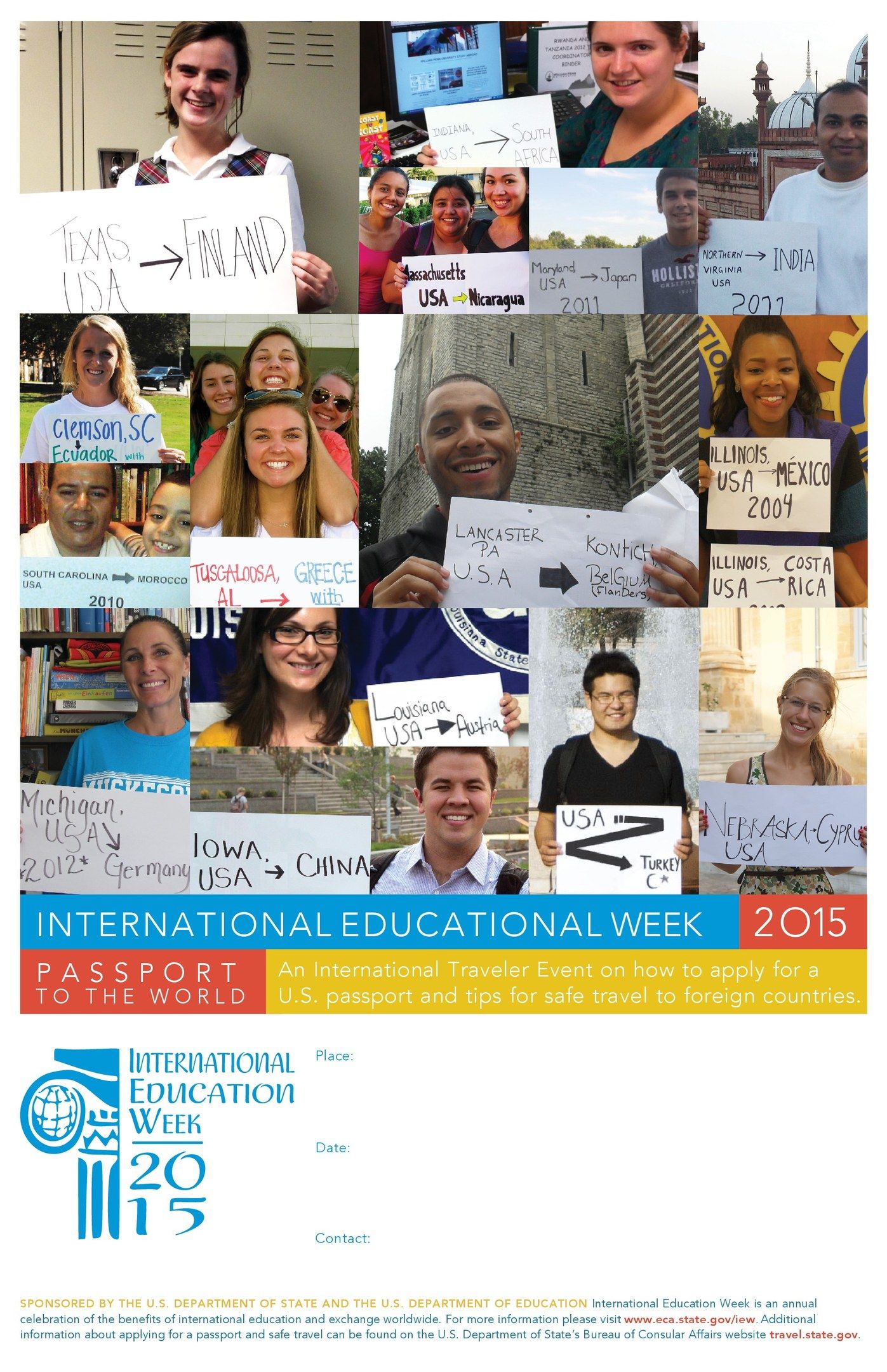 The image shows a poster for International Educational Week 2015, featuring a group of people...