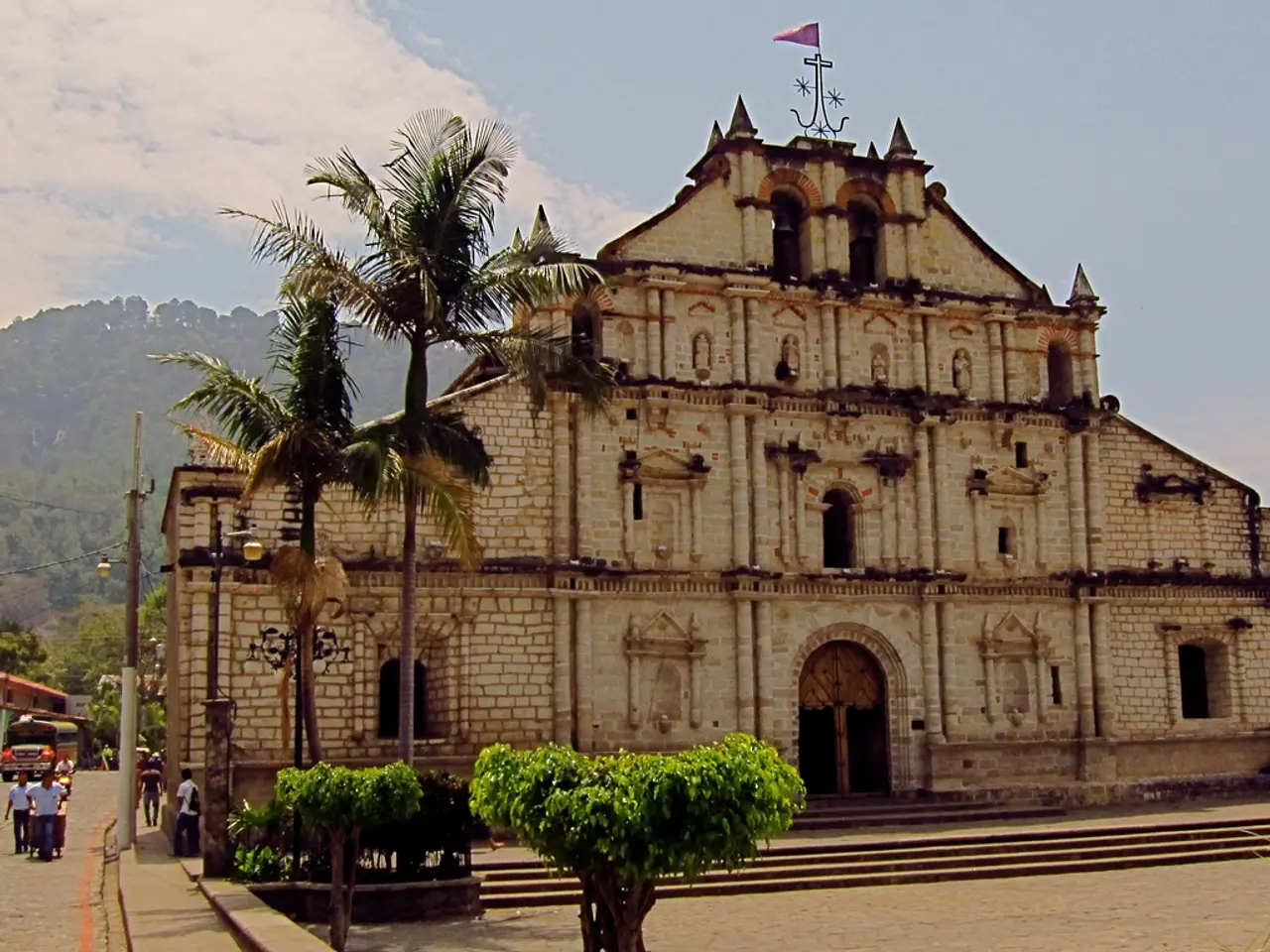 A Portuguese palace richly adorned with azulejos, a traditional blue-and-white ceramic tile work,...