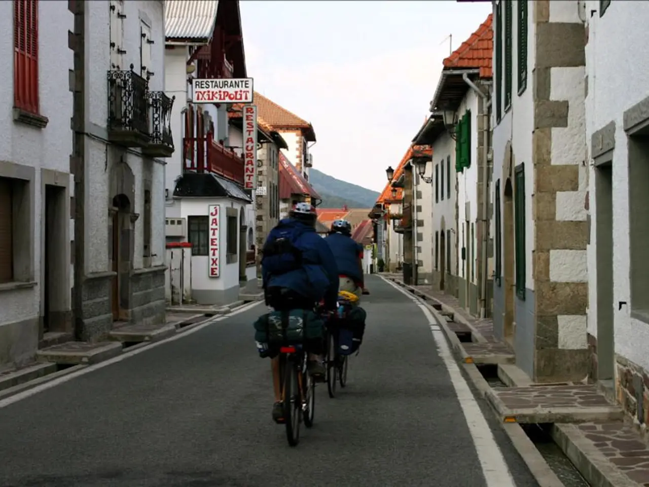 There are persons in violet color coats, cycling, with the bags, on the road. On both sides of...