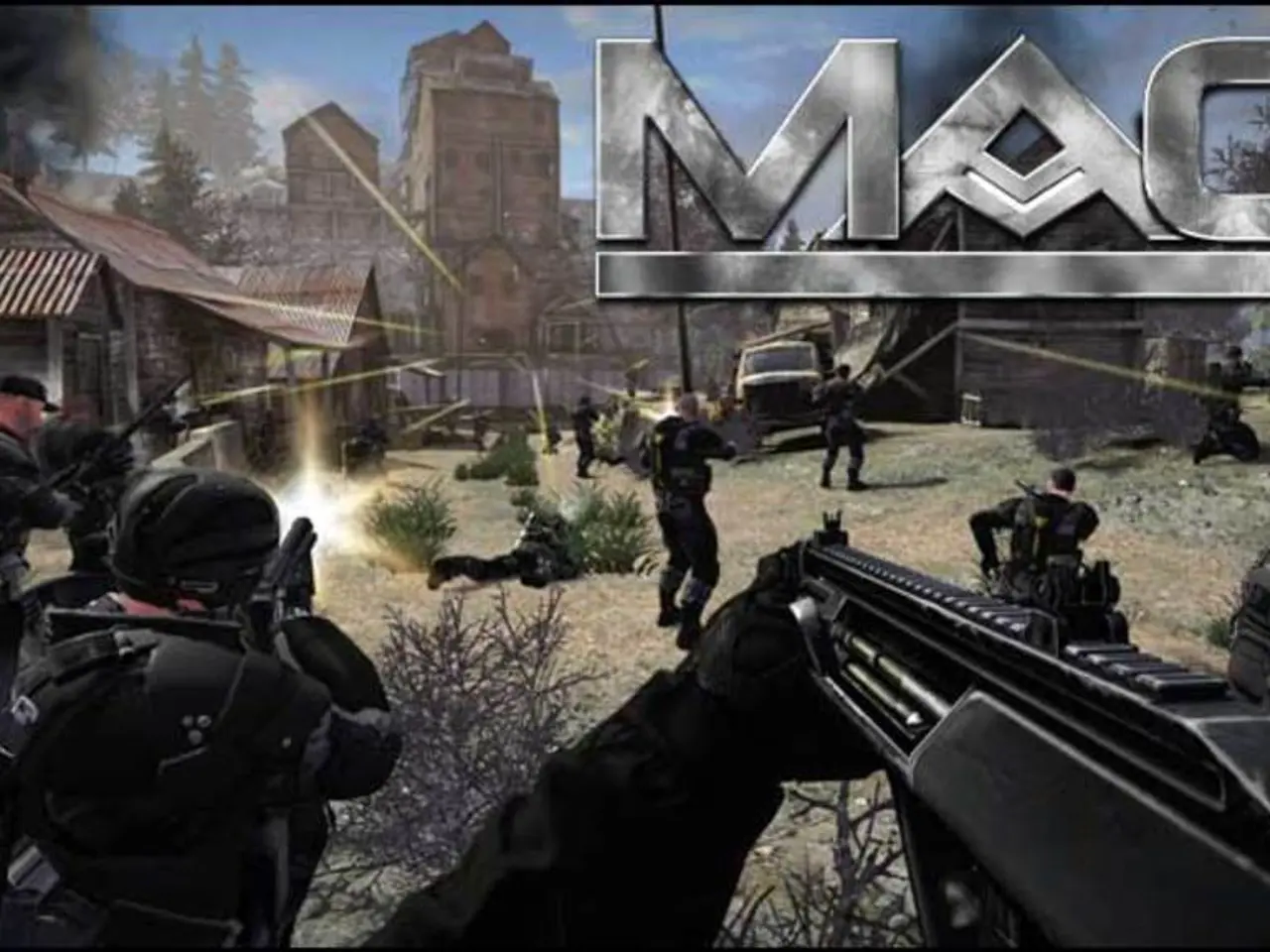 This image looks like it is animated. In this image, there are many persons holding guns and...