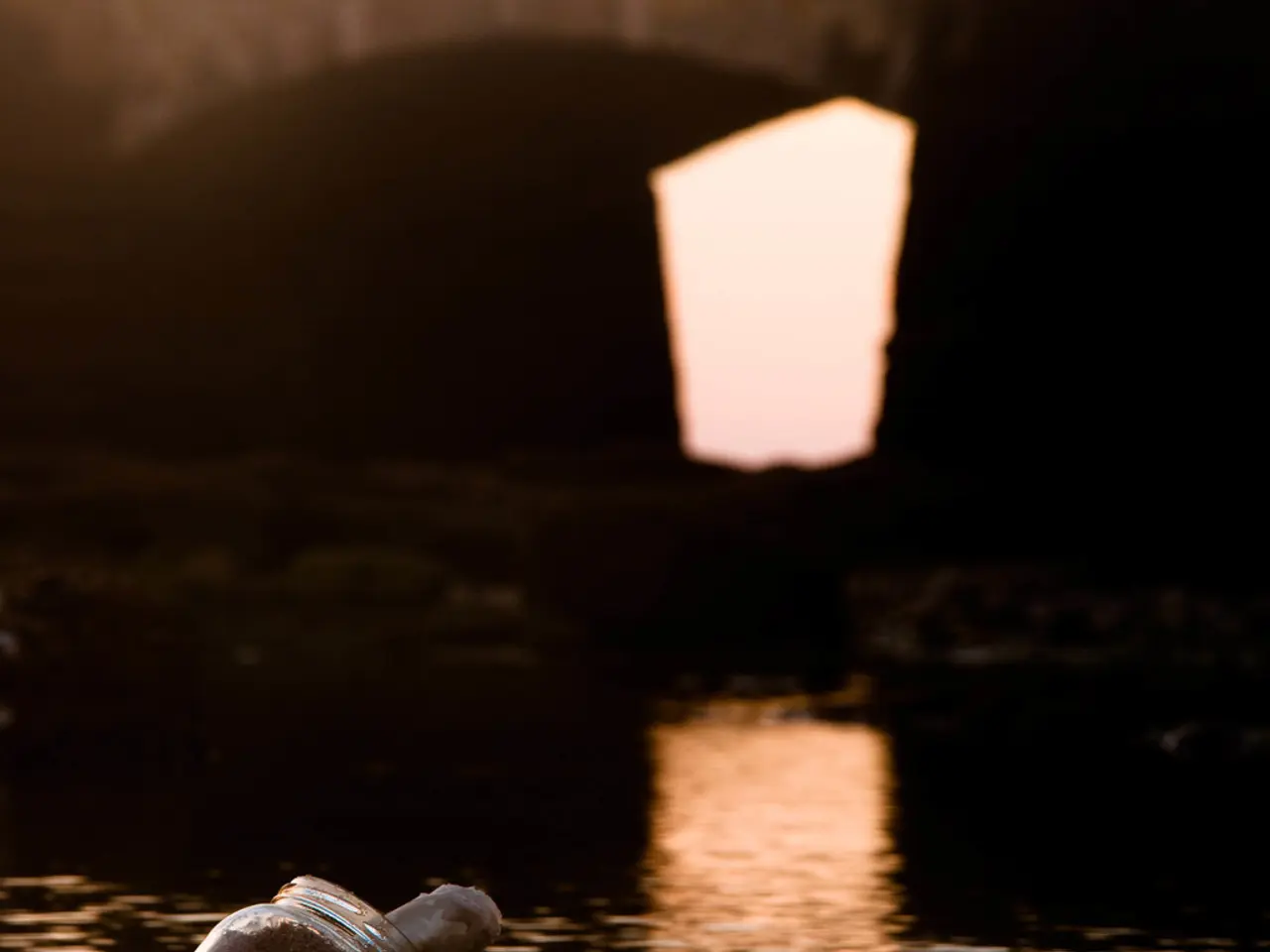 This image consists of water in which there is a jar floating. In the background, there is a...