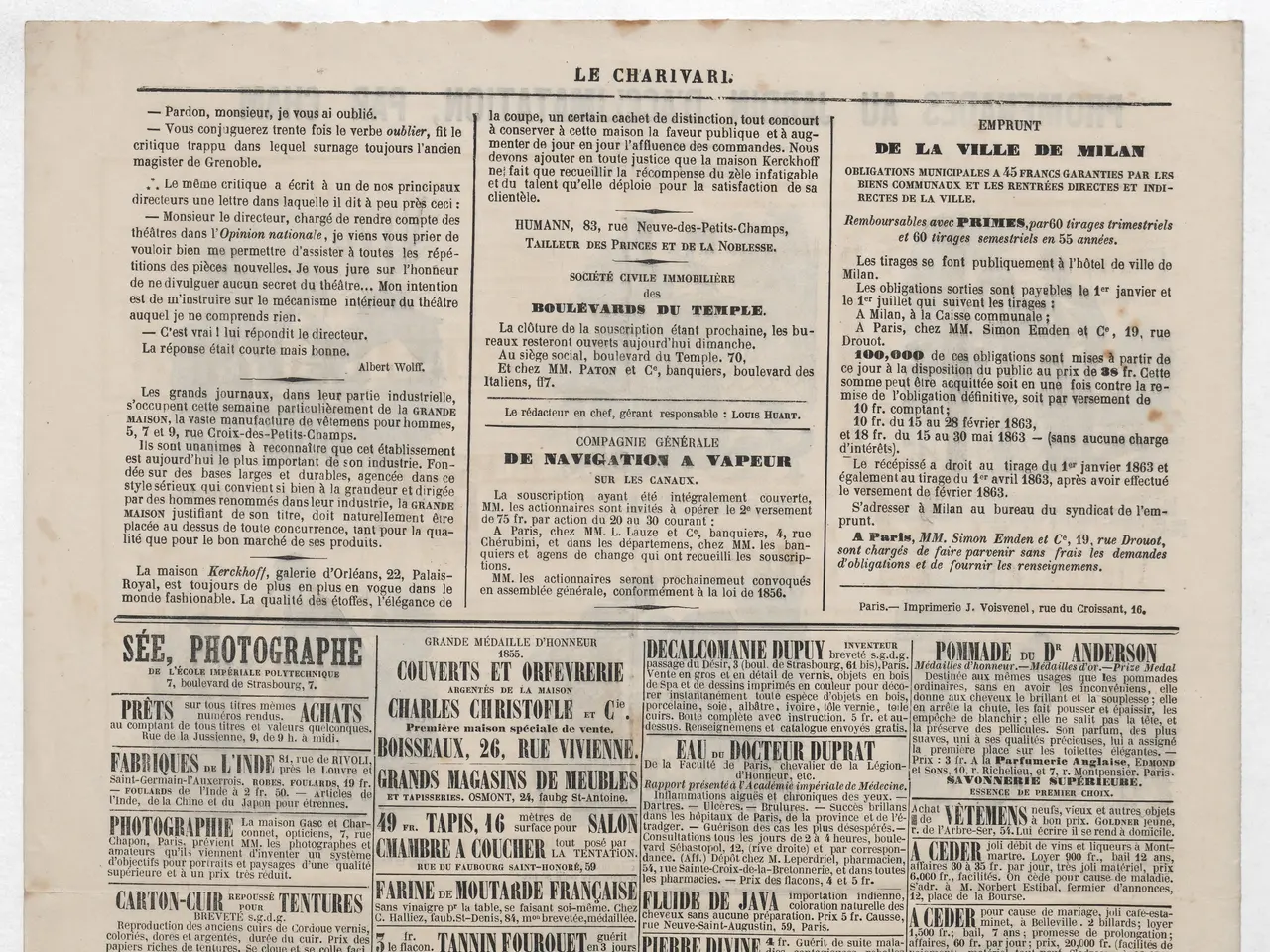 The image shows an old newspaper with a bottle of wine on it. The paper has text and pictures of a...