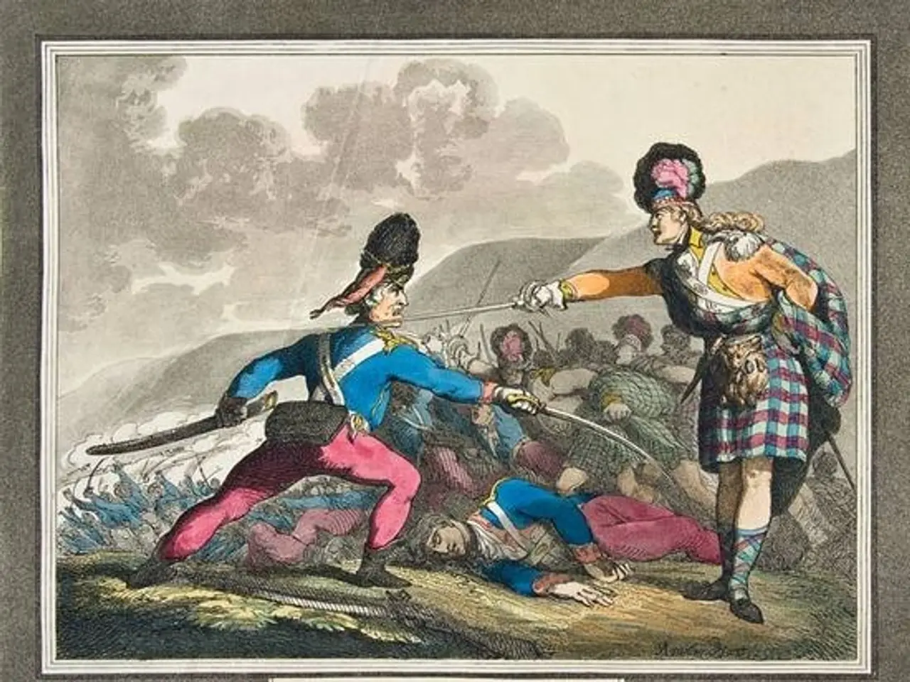 The image shows two men in kilts fighting with swords in front of a crowd of people, with hills and...