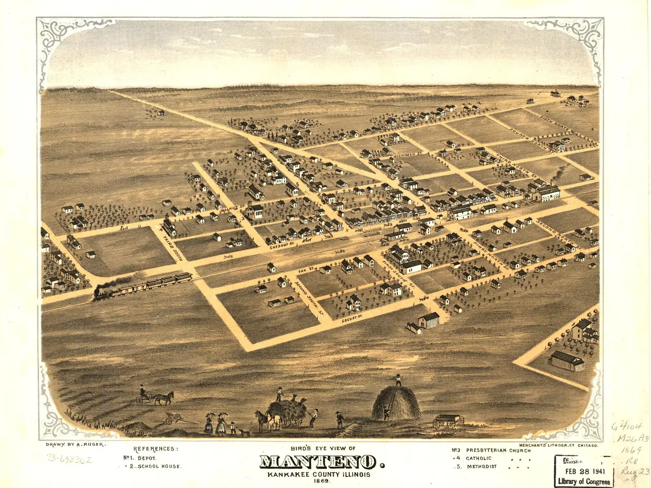 The image shows an old map of the city of Manteo, Illinois. It is a black and white image with a...