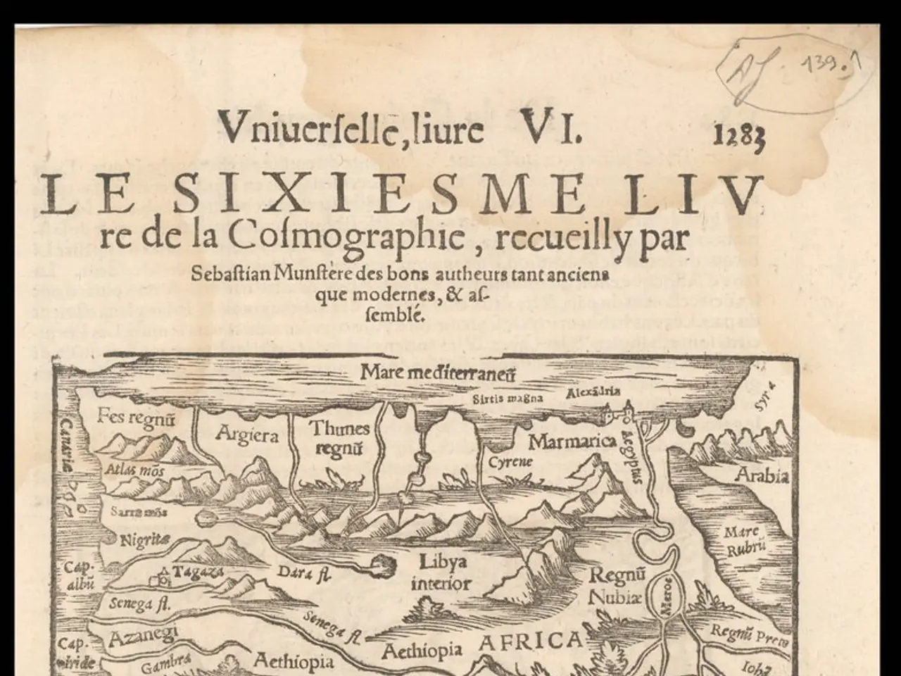 The image shows an old book with a black background and a map of Africa on it. The map is detailed...