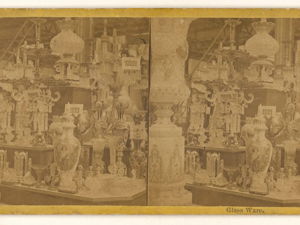 The image shows an old photo of a room filled with lots of vases and other decorative items on the...