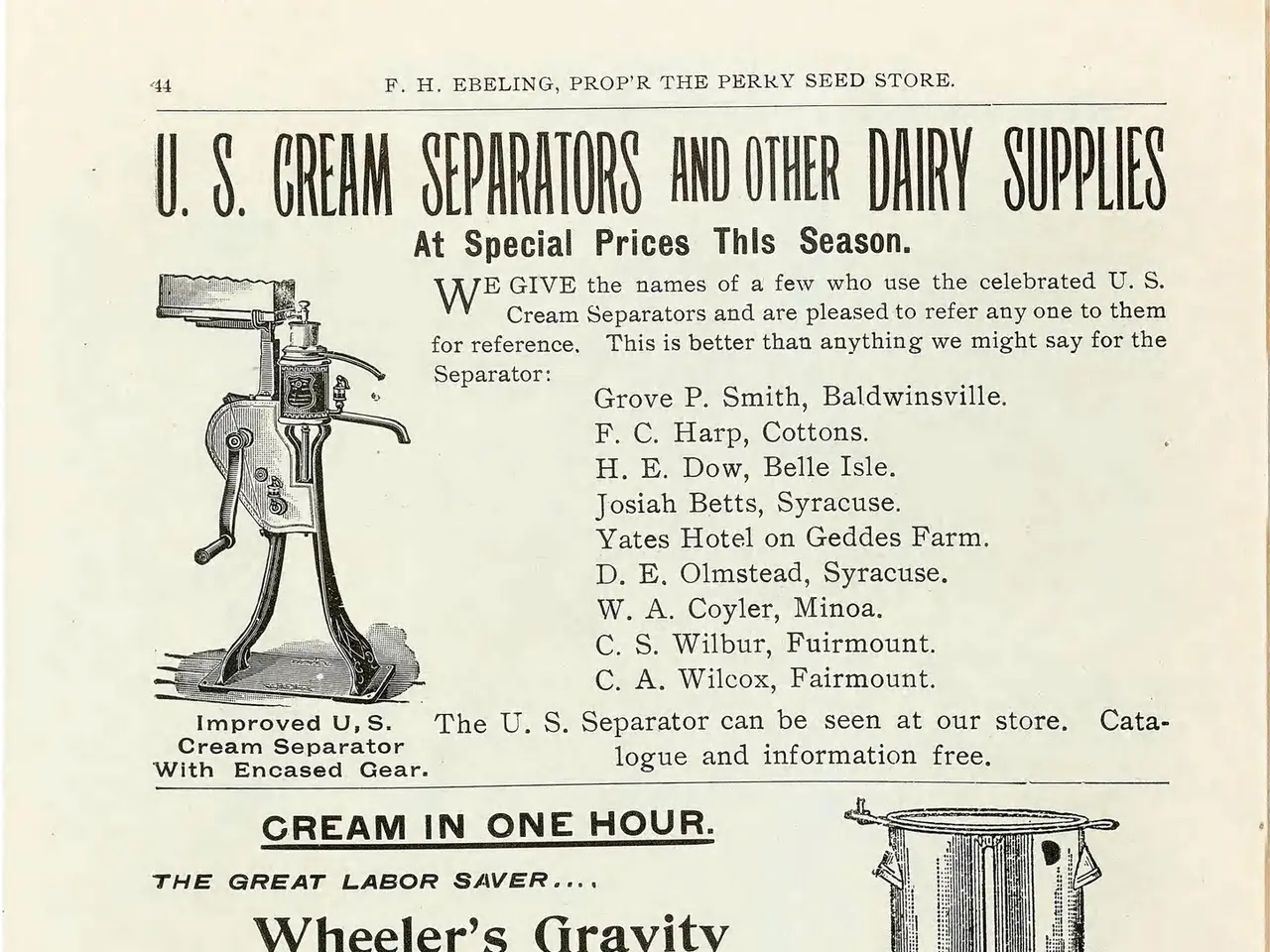 The image shows an old advertisement for the U.S. Cream Separators and Other Dairy Supplies,...