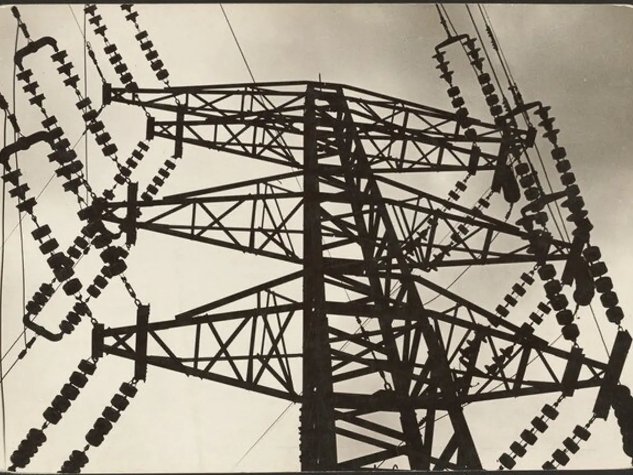 The image shows a black and white photo of a high voltage power line, with a tower and wires in the...