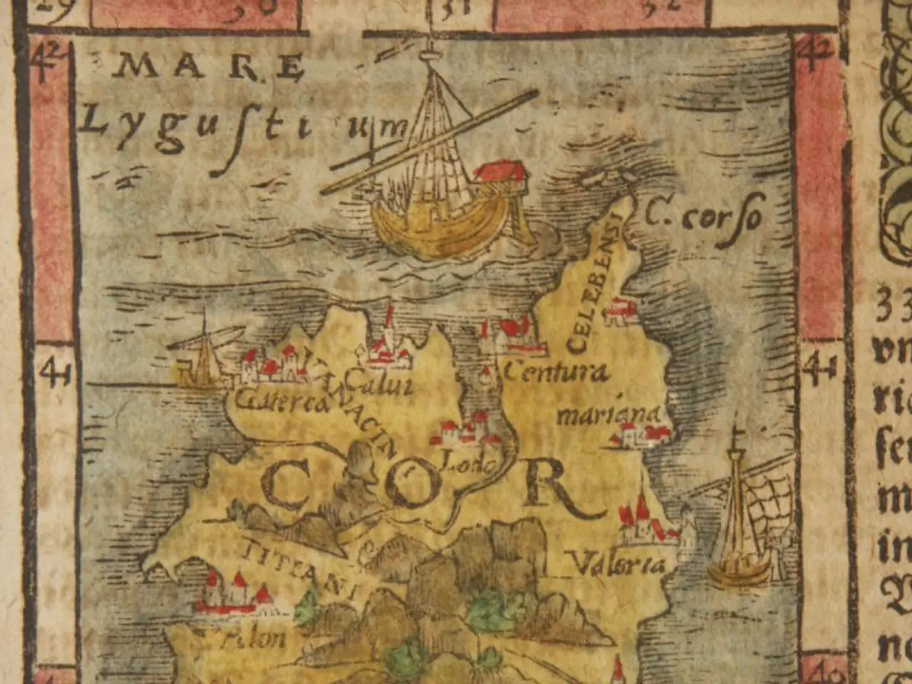 The image shows an old map of the island of Corsica, with text and pictures of boats and other...