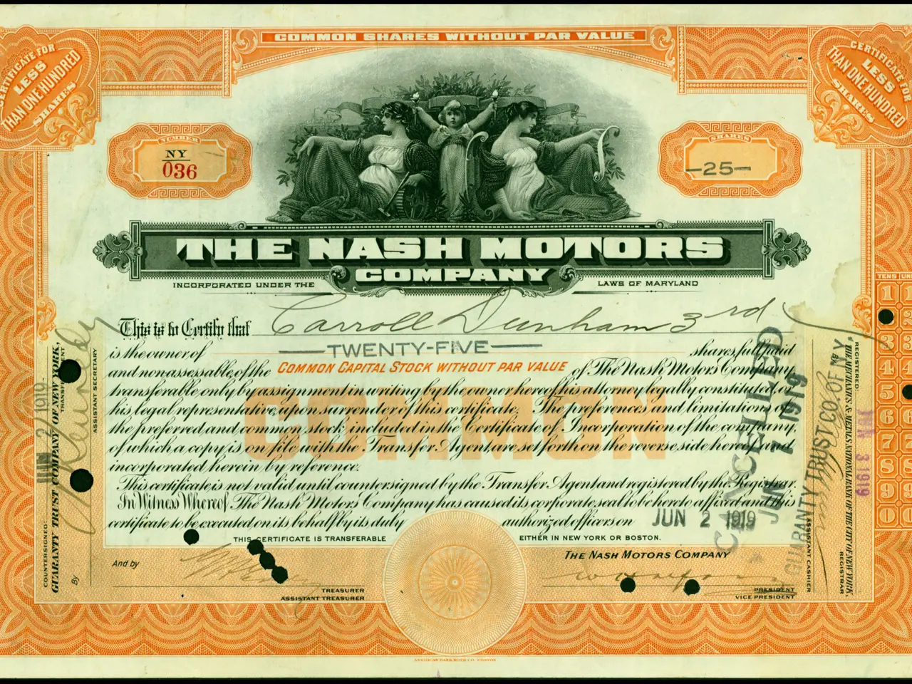 The image shows an old stock certificate from the Nash Motors Company. It is a stock certificate...
