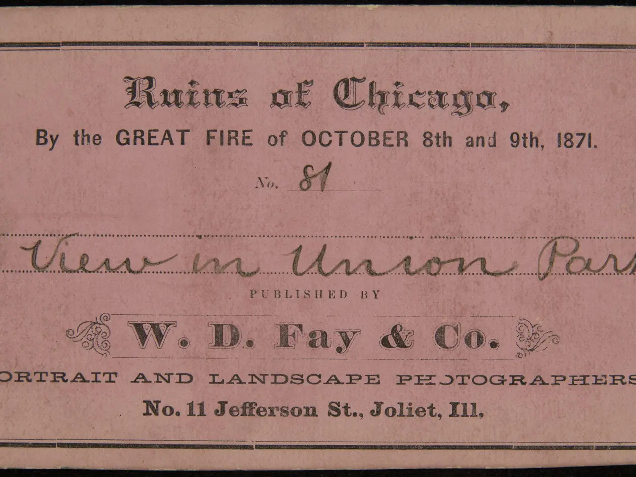 The image shows an old business card with the words "Ruins of Chicago, by the Great Fire of October...
