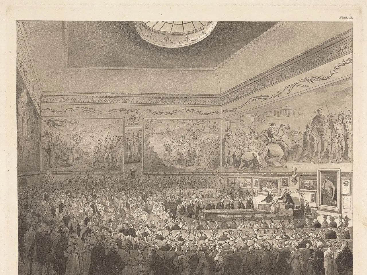 The image shows an engraving of a large room filled with people, some standing and some sitting,...