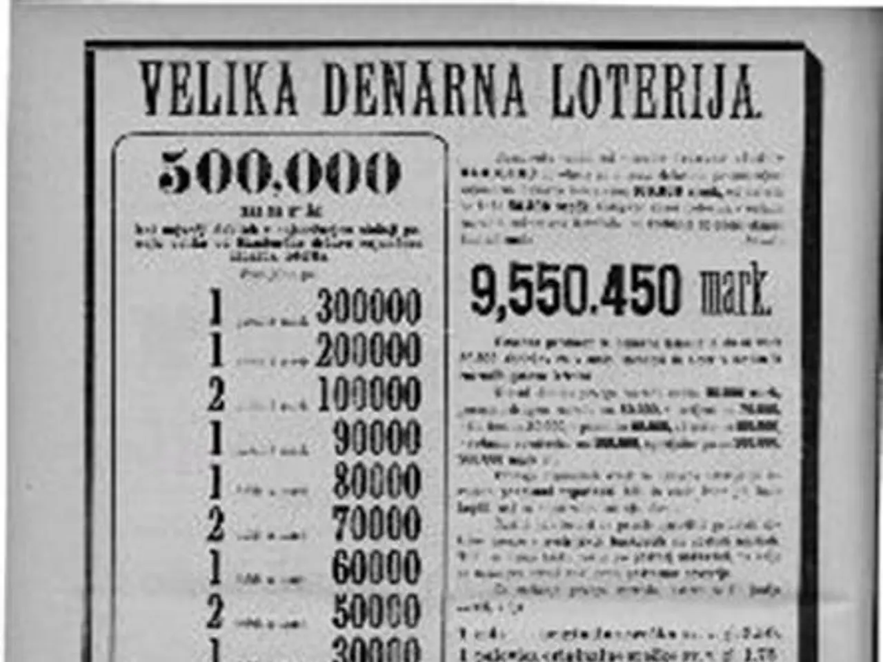 The image shows a black and white newspaper advertisement for a lottery ticket with a lot of...