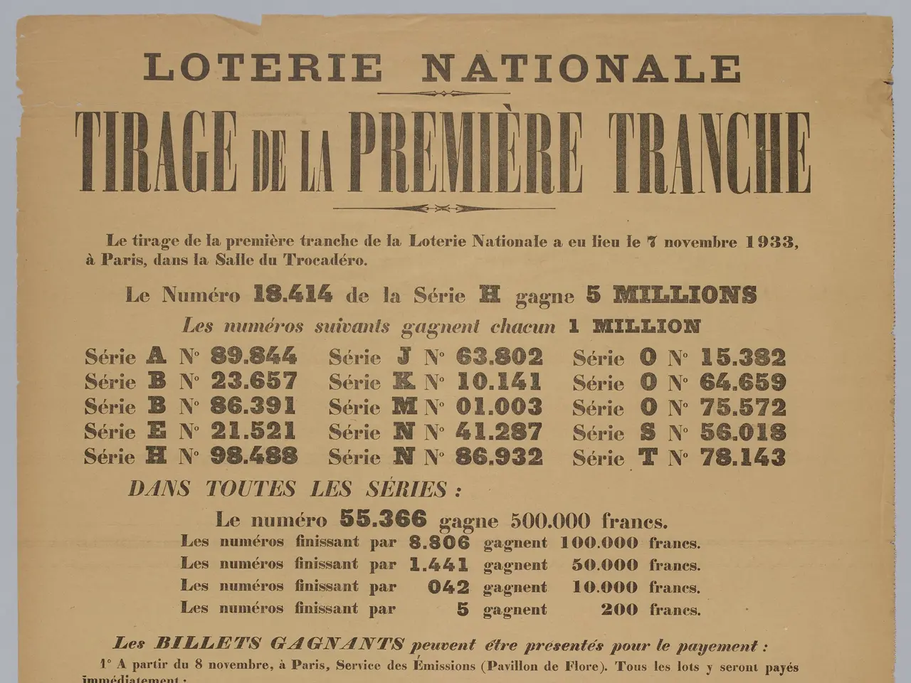 The image shows a paper with the text "Loterie Nationale Tirage de la Première Tranche" written on...