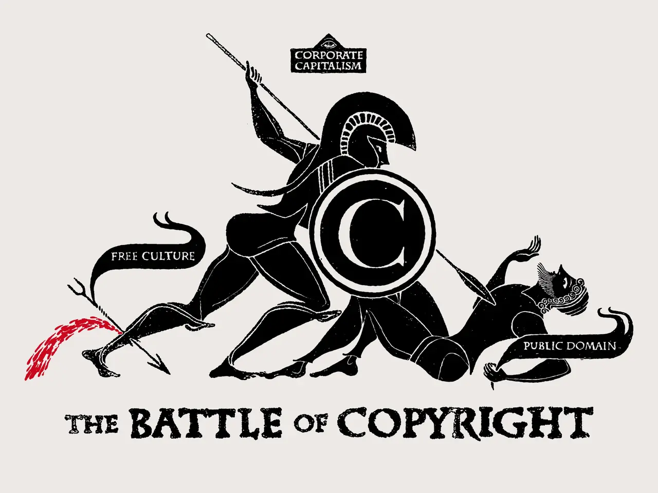 The image shows two people engaged in a fierce battle, with the words "The Battle of Copyright"...