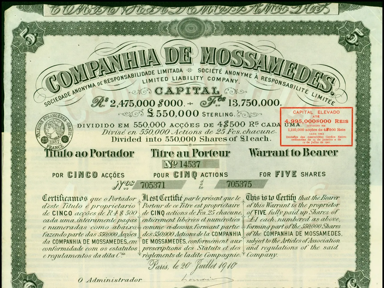 The image shows a stock certificate issued by the Company of Mossamedes, with text and numbers...