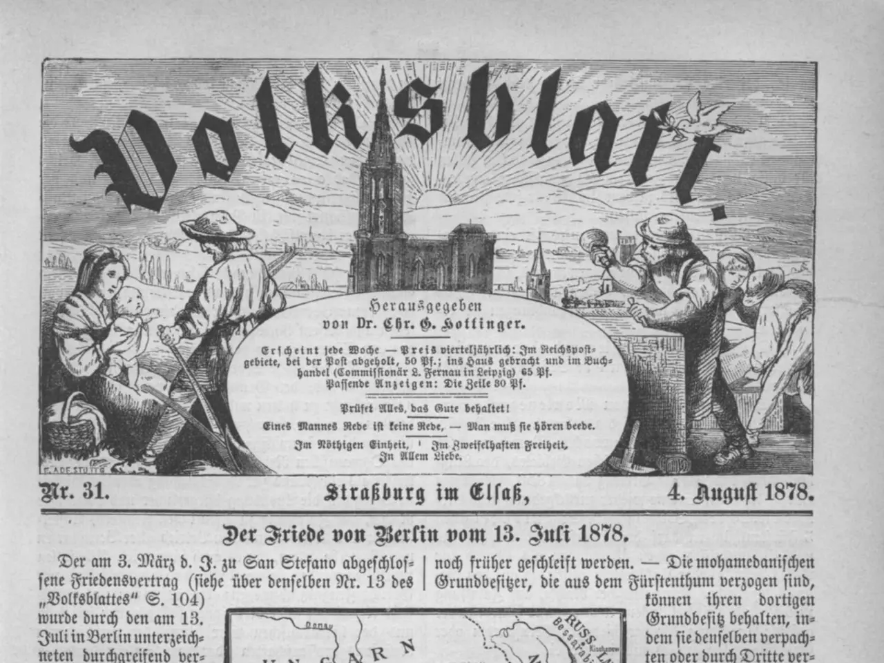 The image shows an old book with a map of Germany on it, featuring a few people and text. The...