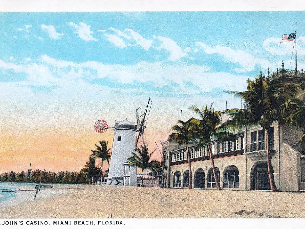 The image shows St. John's Casino in Miami Beach, Florida, with a building on the right side, a...