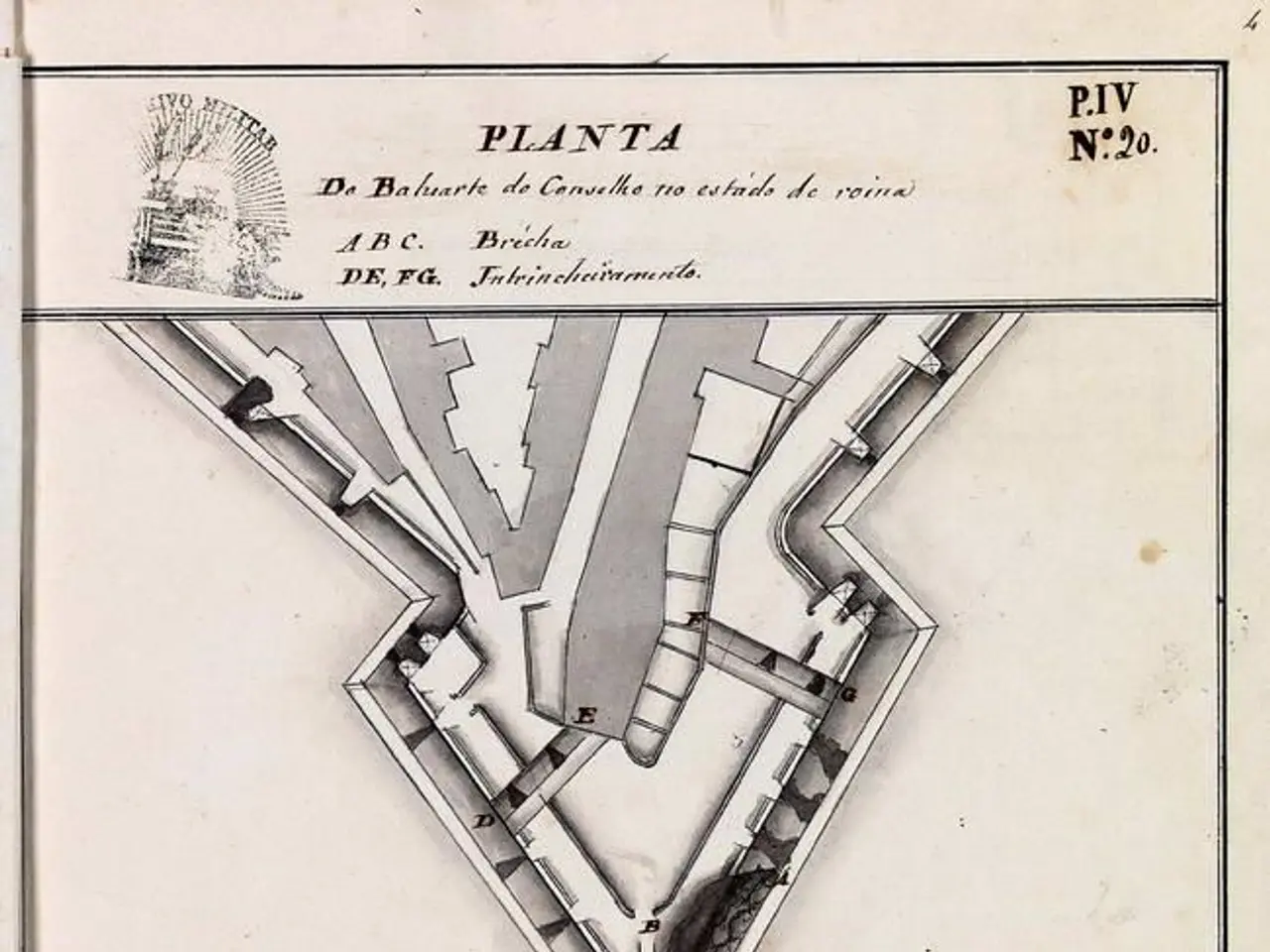 The image shows a drawing of a plan of a building with a triangle in the middle of it, which is...