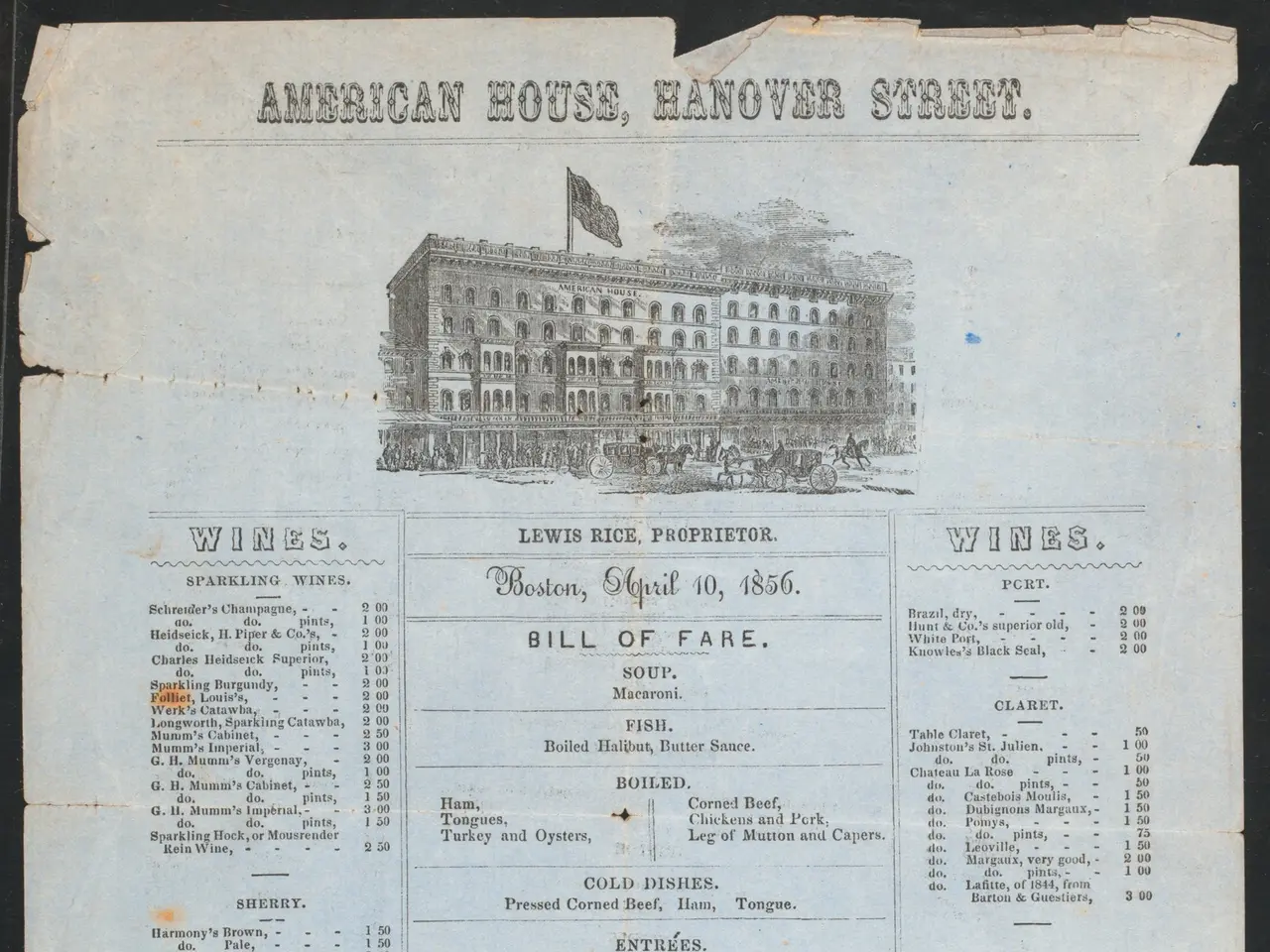 The image shows an old menu card with a picture of a building on it. The building is the American...