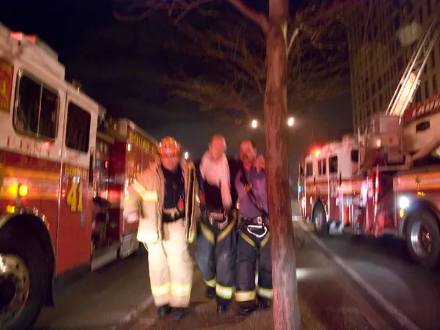 Three individuals ascend a blazing structure in an attempt to rescue a woman.