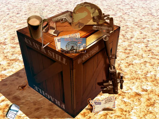 This is a painting. In this picture we can see a box. There is a cap, gun, caps, papers and a key....