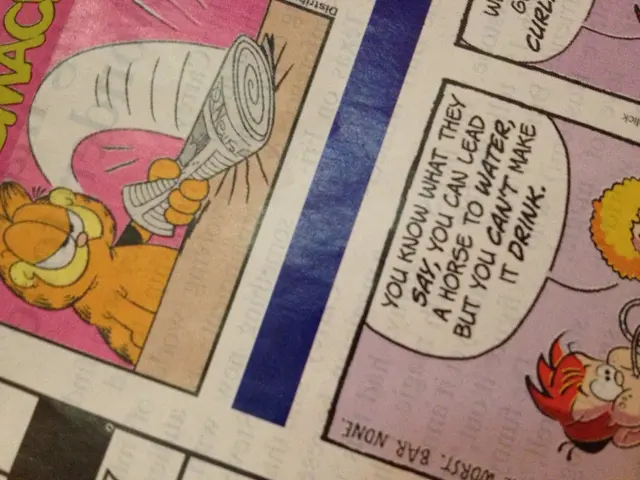 This image consists of a paper in which there are cartoons and text.