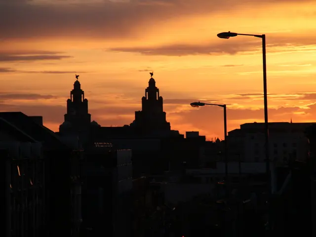 This is the picture of a city. In this image there are buildings and poles and there are sculptures...