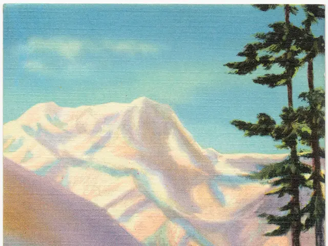 In this image I can see depiction of railway tracks, train, trees, mountains and the sky.