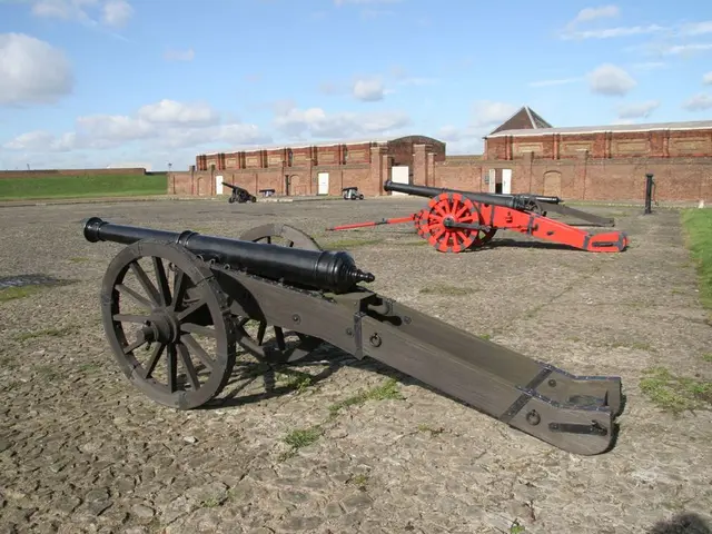 In the foreground of the picture there are cannons on cobblestone. In the foreground of the picture...