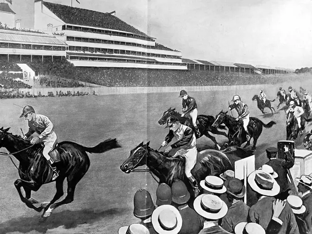 The image shows a black and white drawing of a horse race at Churchill Downs in 1901. There are...