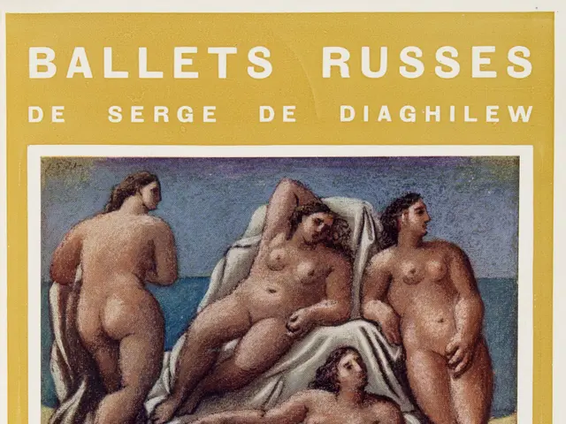The image shows a poster for the Ballets Russes de Serge de Diaghilew, featuring a painting of...