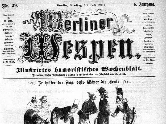 The image shows an old newspaper with a cartoon of a man in a top hat and a woman in a dress, both...