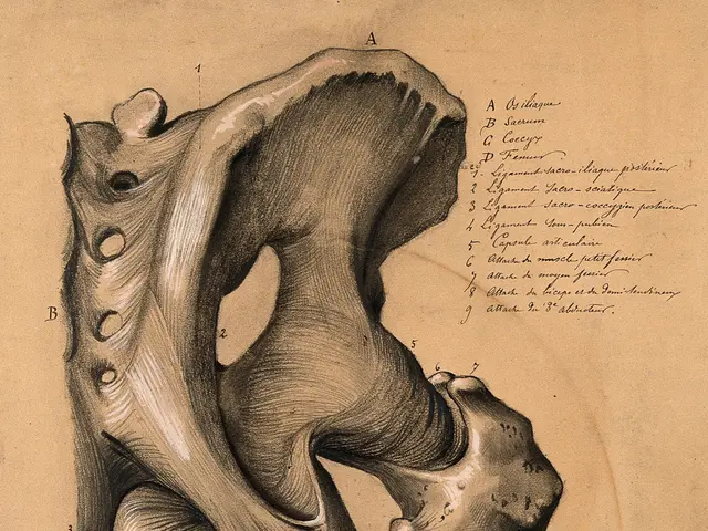 The image shows an old book with a drawing of a human hip joint on it. The drawing is detailed and...