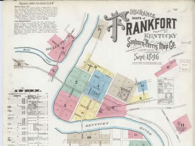 The image shows a map of Frankfort, Kentucky, with text detailing the insurance of the city. The...