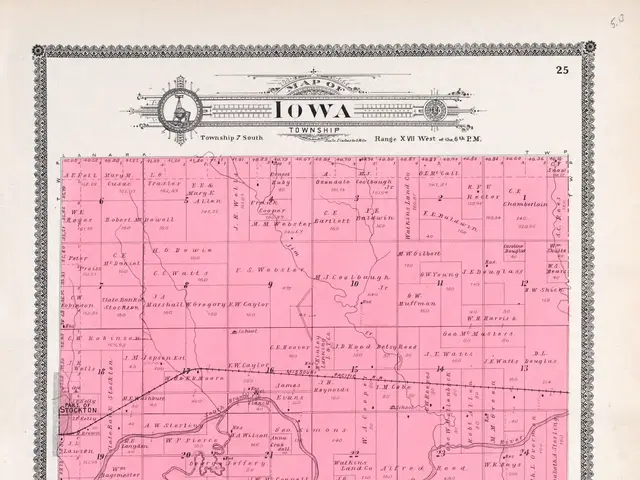 The image shows an old map of the state of Iowa, with a pink background and text at the top and...