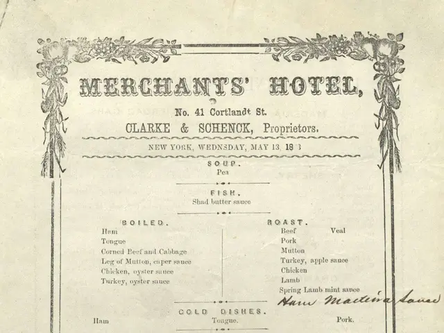 The image shows an old book with a menu for a merchant's hotel on it. The menu is written in black...