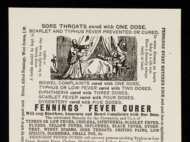 The image shows an old advertisement for fennings' lung healers on a black background. The paper...