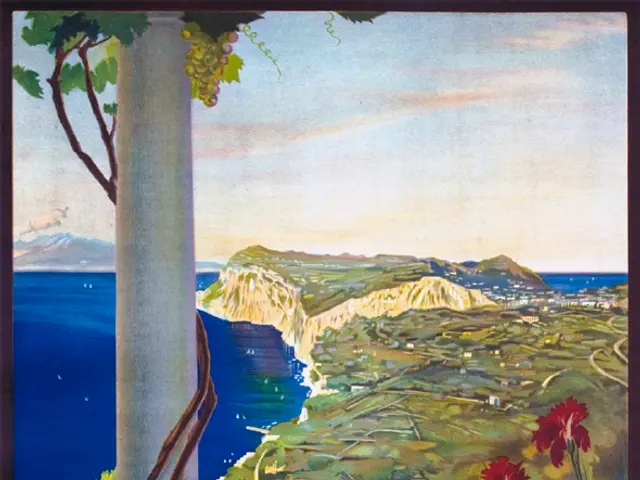 The image shows a poster advertising a wine tasting in Capri, Italy. It features a tree with lush...