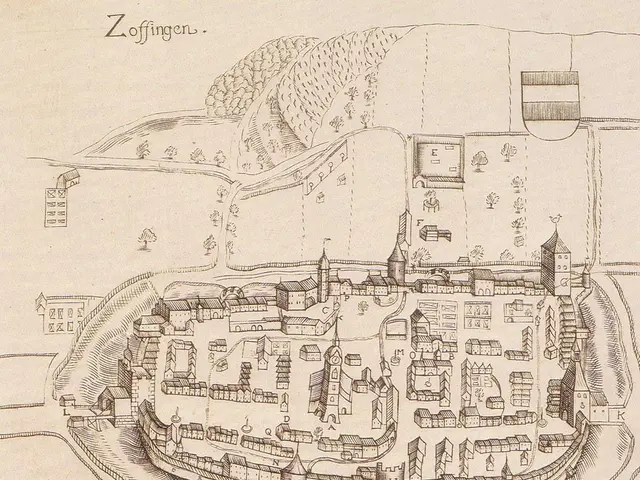 The image shows an old map of the city of Zoffingen, Germany, with buildings, trees, and text on a...