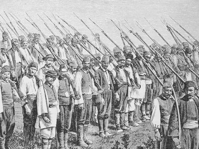 The image shows a group of men standing next to each other, each holding a rifle. The image is in...