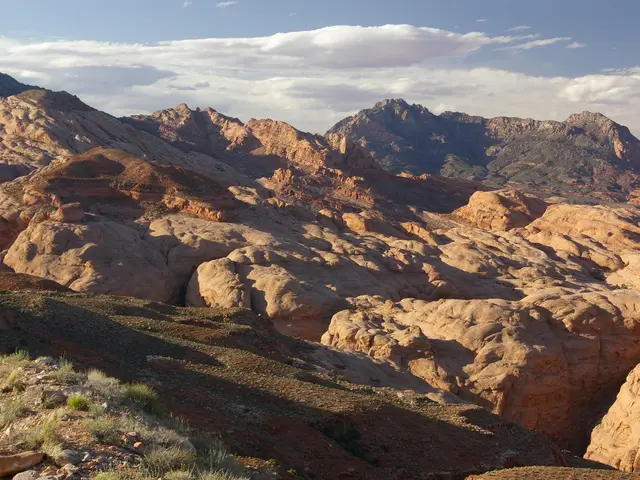 The image shows a stunning view of the Valley of Fire State Park in Nevada, with its majestic...