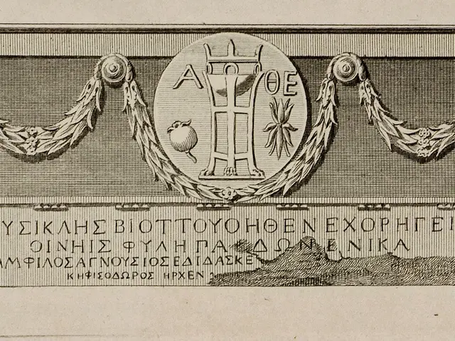 The image shows a black and white drawing of a plaque with a woman's face on it, surrounded by...