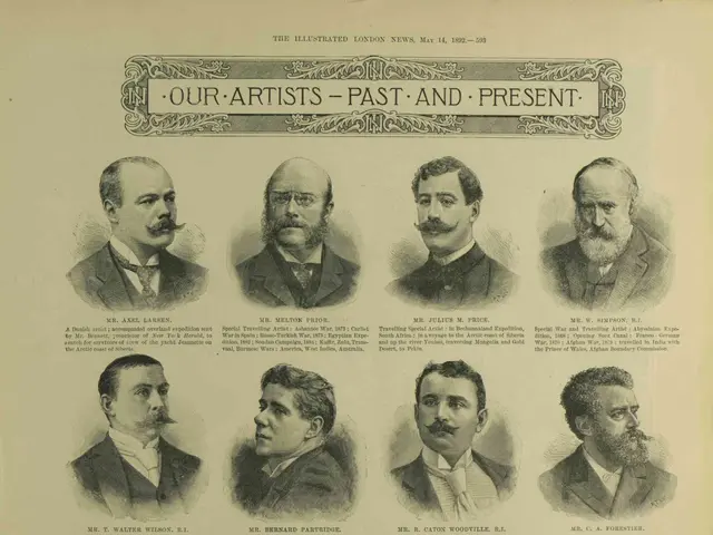 The image shows an old book with a variety of men's faces, each with a unique expression and...