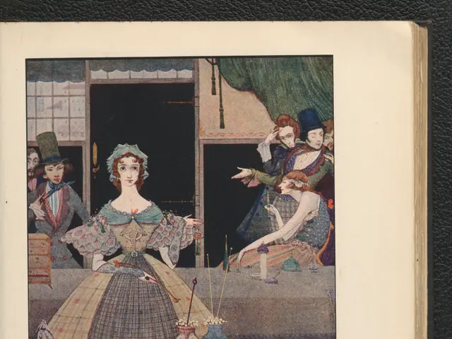 The image shows an open book with a painting of a woman in a dress and a man in a top hat,...