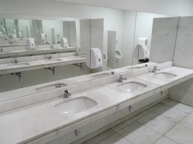 The image shows a public restroom with three sinks and mirrors on the wall. The sinks have taps and...