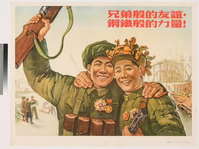 The image shows a Chinese propaganda poster featuring two men in military uniforms, one of whom is...
