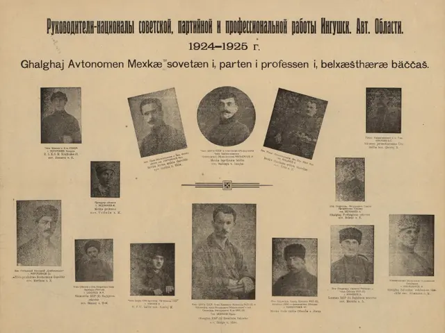 The image shows an old book with a bunch of pictures of men on it. The pictures are arranged in a...