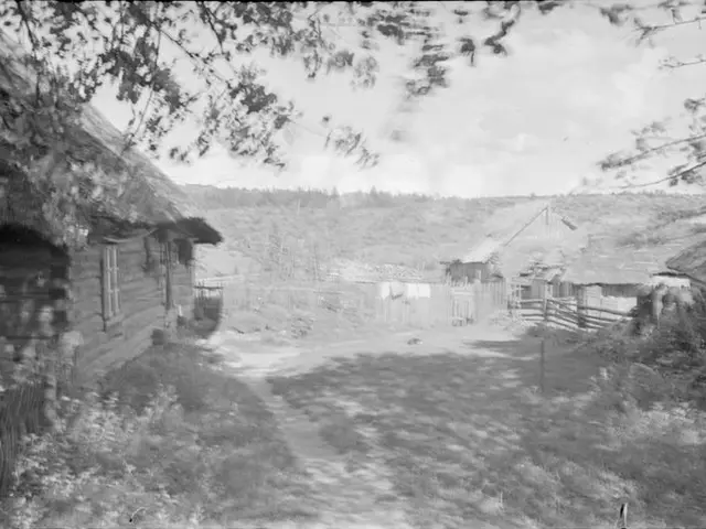 The image shows a black and white photo of a small village with a thatched roof, surrounded by...